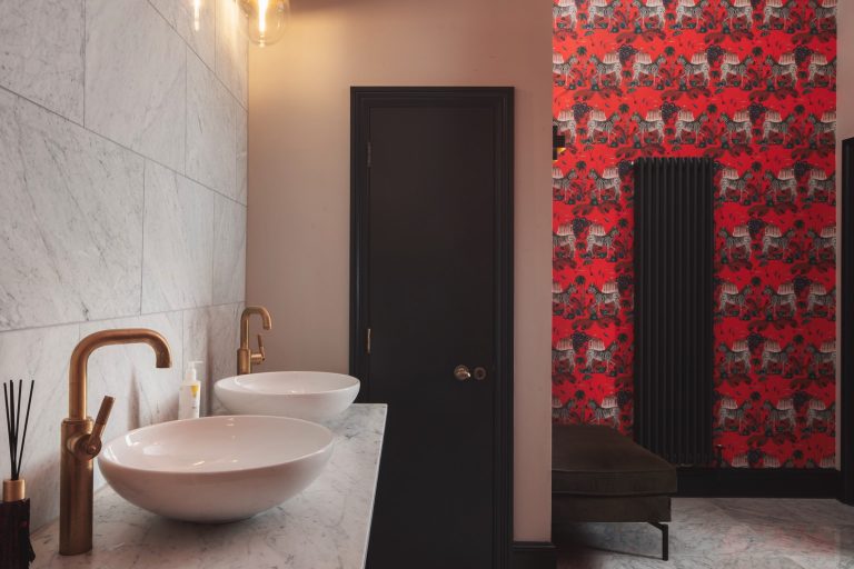 Hand basins in luxurious papered restroom
