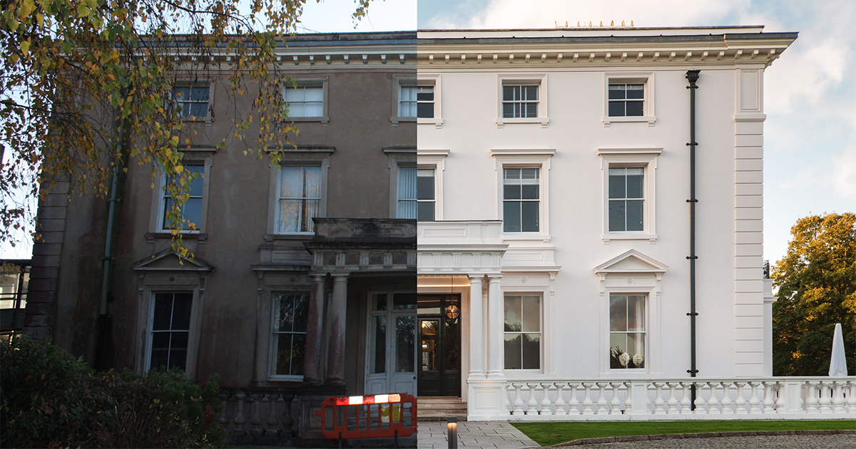 Winslade Manor, half incomplete half complete to show the renovation in relation to embodied carbon