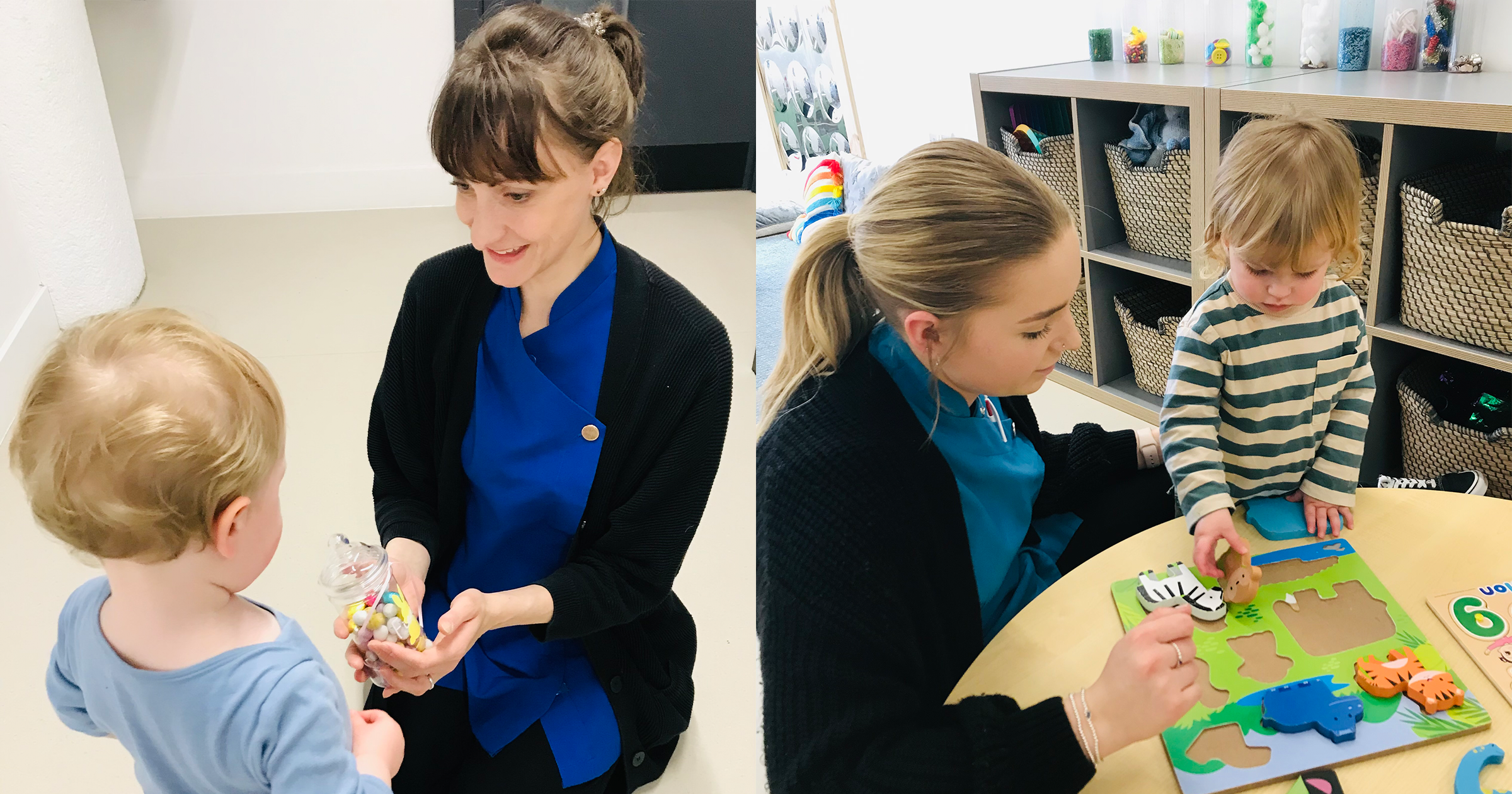 Two photos of echoes staff members working with children in their care on puzzles and looking at items